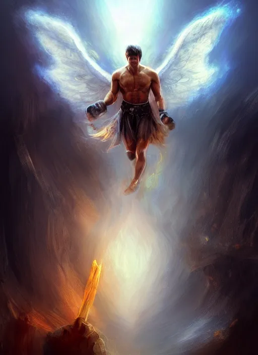 Image similar to concept art, angel knight rocky balboa by artstation trending, by joseph mallord william turner, luis royo, konstantin razumov, cinematic lighting, fractal flame, highly detailed