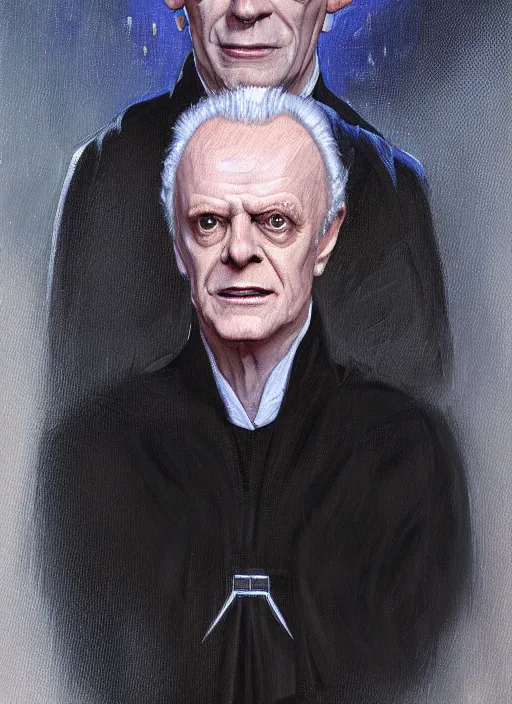 Image similar to oil painting of chancellor palpatine, ian mcdiarmid, sith from star wars, symmetrical!!! star wars portrait, art by greg rutowski!!, trending on artstation