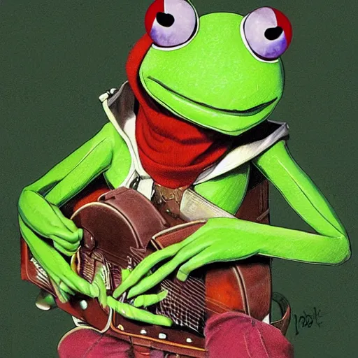 Image similar to An anime portrait of Kermit The Frog as a new wave musician, by Stanley Artgerm Lau, WLOP, Rossdraws, James Jean, Andrei Riabovitchev, Marc Simonetti, and Sakimichan, tranding on artstation