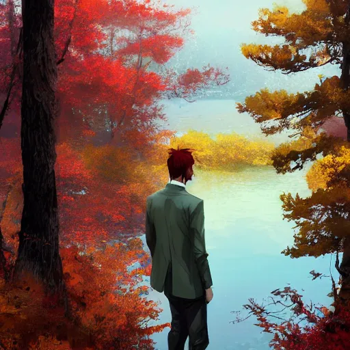Prompt: stoic young man with red tipped hair that is otherwise green wearing a cream colored suit shedding a single tear standing before a lake in an autumnal forest, digital art, oil painting inspiration, yoji shinkawa inspiration, anime inspiration, artstation