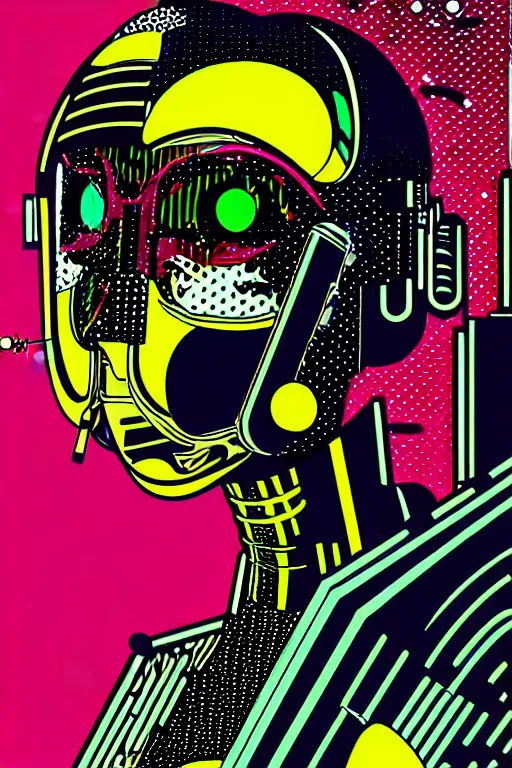 Prompt: futuristic japanese cyberpunk by roy lichtenstein, by andy warhol, ben - day dots, pop art, bladerunner, pixiv contest winner, cyberpunk style, cyberpunk color scheme, mechanical, high resolution, hd, intricate detail, fine detail, 8 k