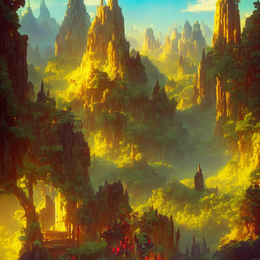 Image similar to enchanted temple landscape in the style of riven and myst by rhads and marc simonetti and alphonse mucha. vivid color, highly detailed, mystical, digital painting, artstation, concept art, matte, sharp focus.