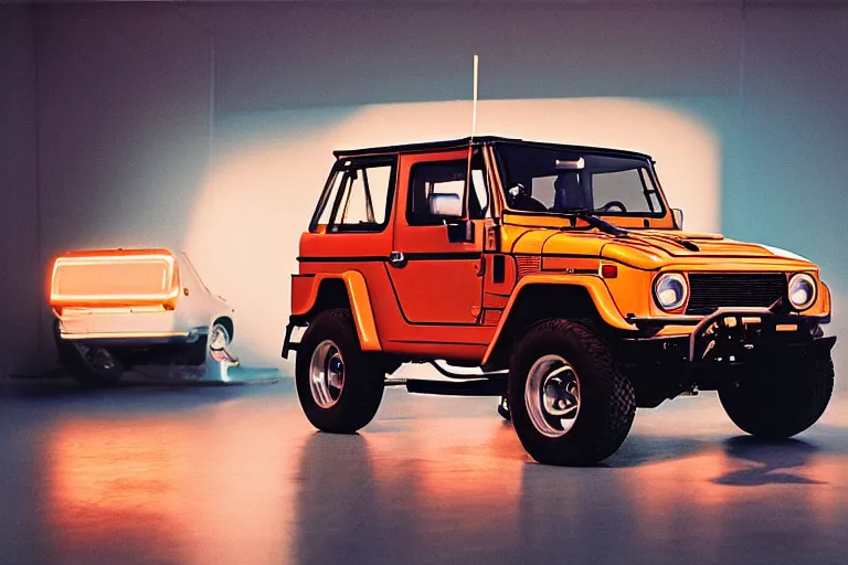 Image similar to studio photoshoot designed by giorgetto giugiaro of a single 1 9 8 8 fj 4 0 fairmont, thick neon lights, ektachrome photograph, volumetric lighting, f 8 aperture, cinematic eastman 5 3 8 4 film