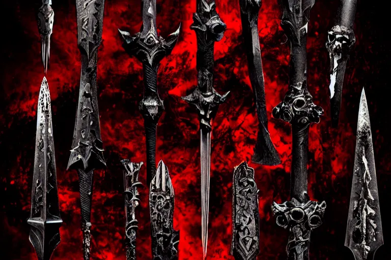 Prompt: daggers of the lord of the underworld, black iron covered with blood, dirty dark environment, warrior\'s daggers, intricate, cinematic lighting, highly detailed, digital painting, artstation, evil dark environment, underworld, skulls, blood, shadows, bokeh