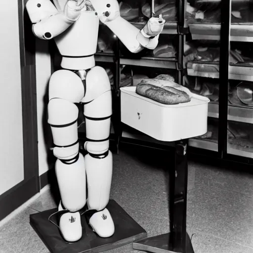 Image similar to Humanoid robot taking a loaf of bread out of the oven, 1959, black and white photo, world's fair