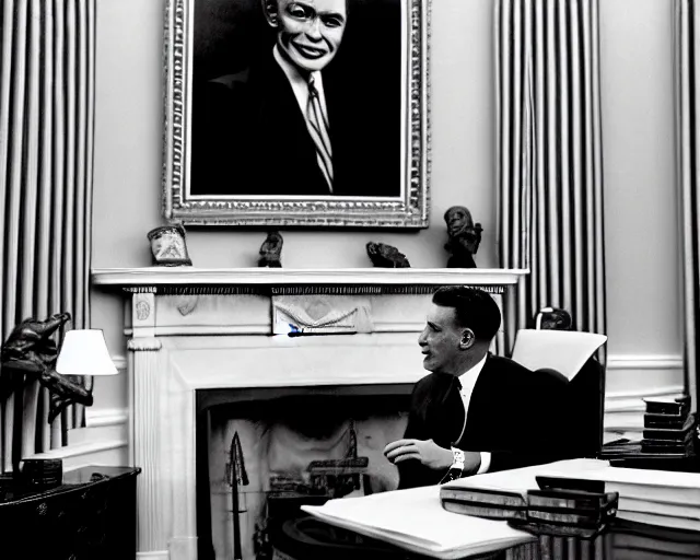 Image similar to a b-move alien lizard man wearing a suit, in the oval office, 1951, early black and white photo, cdx