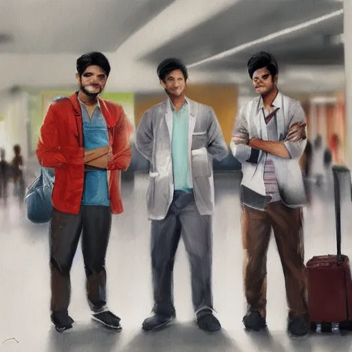 Image similar to Anxious good looking young Indian doctors in American clothes waiting at an airport, by Feng Zhu, highly detailed, excellent composition, cinematic concept art, dramatic lighting, trending on ArtStation