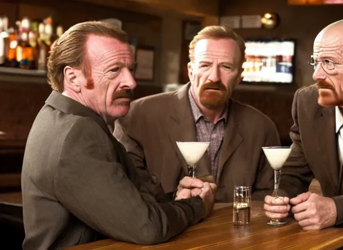 Prompt: walter white saul goodman and mike ehrmantraut at a bar, drinking, smiling, ultra realistic, cinematic