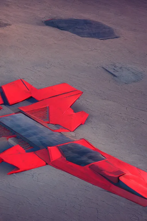 Prompt: professional photograph of a beautiful neo - futuristic simplified symmetrical stealth fighter docked on a desert plateau by ilm, denis villeneuve, emmanuel shiu, zaha hadid, vapor, cinematic architectural scale, red paint detail, manga, dramatic, volumetric, concept art, hard surface, hyperrealism, high detail, trending on artstation, sharp focus, rendered in octane