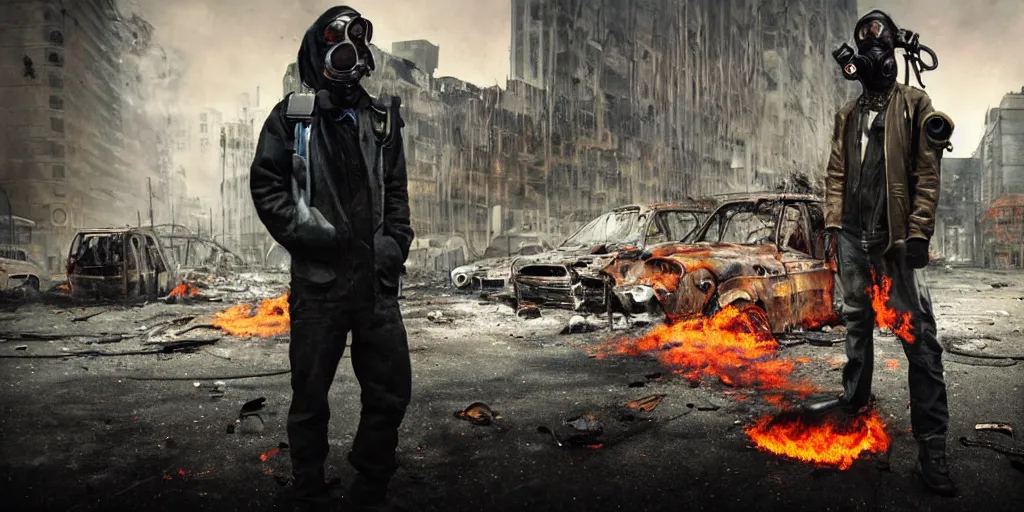 Prompt: post - apocalyptic city streets, close - up shot of an anarchist with a gasmask, burned cars, colorful smoke, hyperrealistic, gritty, damaged, dark, urban photography, photorealistic, high details
