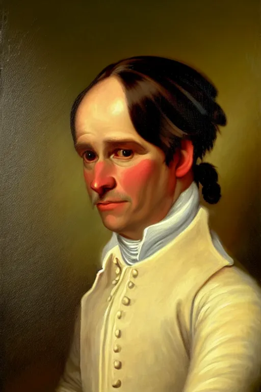 Prompt: a head and shoulders portrait painting of an anthropomorphic!!!!!!!!!! donkey!!!!!!!!!! wearing a colonial outfit without a hat looking off camera, a character portrait, american romanticism, oil on canvas, soft focus