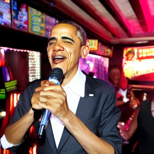 Prompt: obama singing karaoke at a bar in Bangkok