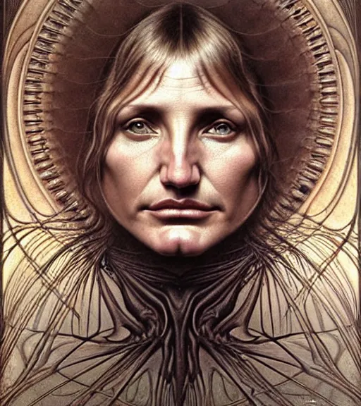 Image similar to detailed realistic cameron diaz face portrait by jean delville, gustave dore and marco mazzoni, art nouveau, symbolist, visionary, gothic, pre - raphaelite. horizontal symmetry by zdzisław beksinski, iris van herpen, raymond swanland and alphonse mucha. highly detailed, hyper - real, beautiful, fractal baroque