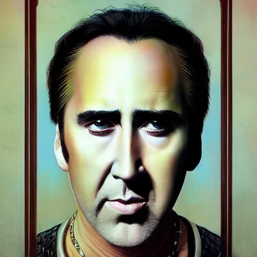 Image similar to beautiful portrait of Nic Cage by Tristan Eaton and Stanley Artgerm and Tom Bagshaw, Greg Rutkowski Carne_Griffiths