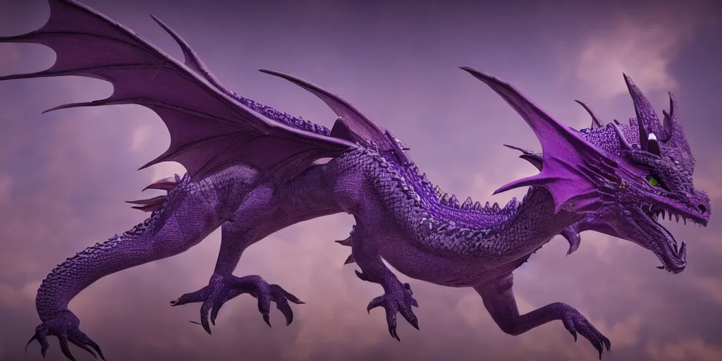 Prompt: highly detailed a purple dragon wearing a crown flies through space, 4 k, photorealistic, unreal 5