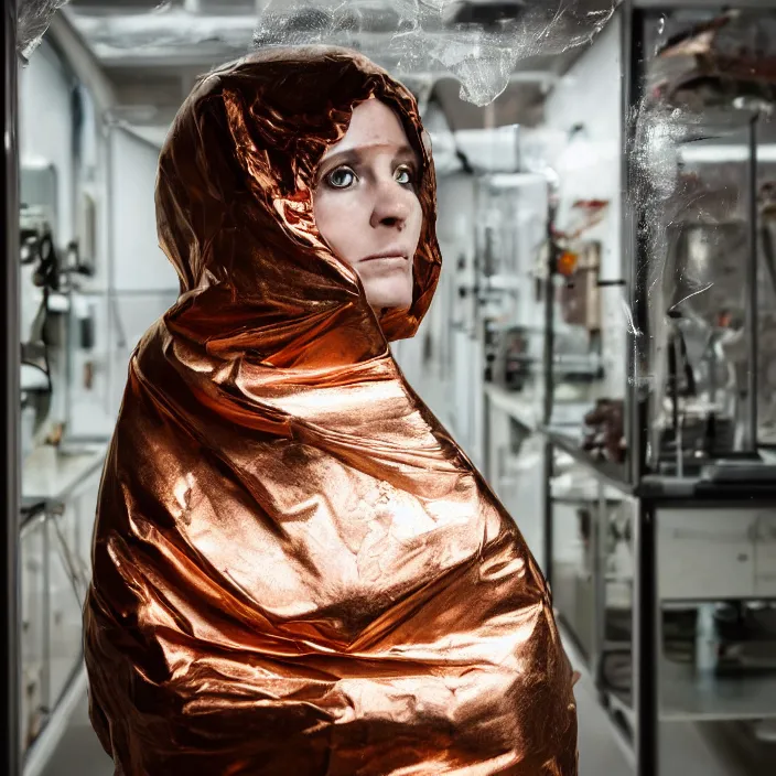 Image similar to closeup portrait of a woman wrapped in copper cellophane, standing in a derelict biology lab science, color photograph, by clemens ascher, canon eos c 3 0 0, ƒ 1. 8, 3 5 mm, 8 k, medium - format print