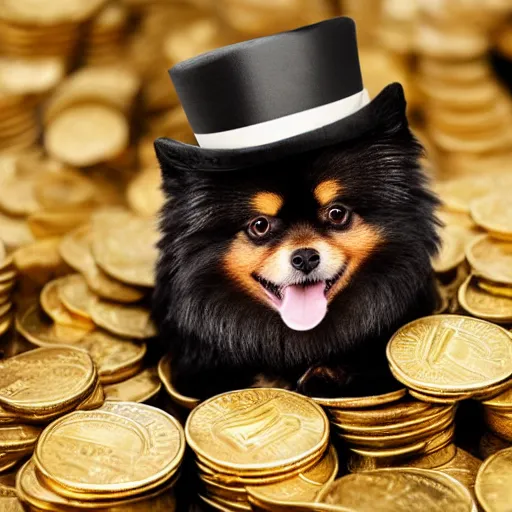 Image similar to A pomeranian wearing a top-hat, sitting on top of a large pile of gold coins