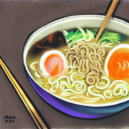 Prompt: a bowl of delicious ramen by namio harukawa