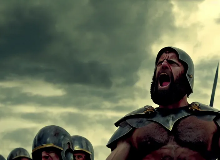 Image similar to cinematic film still of joe biden as leonidas shouting in 3 0 0 movie, 8 k, epic moody sky, dramatic lighting