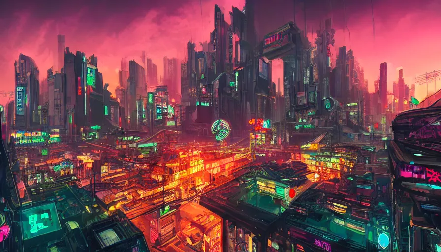 Image similar to cyberpunk city with neon signs in chinese and mcdonald's built in the mountains with waterfalls and forest at the foot of green gigantic mountains at sunset, fireplace, hyperdetailed, artstation, cgsociety, 8 k