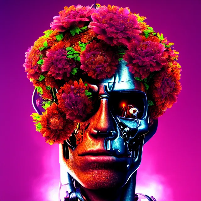 Image similar to portrait of the terminator with a a flower afro made out of various flowers, eating flowers, dramatic cinematic lighting, bold colors, 8 k, beautiful intricate painting, hyper realistic, octane render