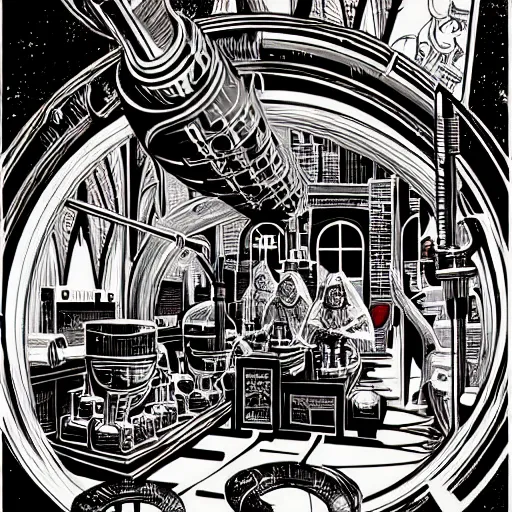 Image similar to ancient alchemist wizards laboratory, high details, lineart, by vincent di fate, inking, 3 color screen print, masterpiece, trending on artstation, sharp, high contrast, hyper - detailed, hd, 4 k, 8 k