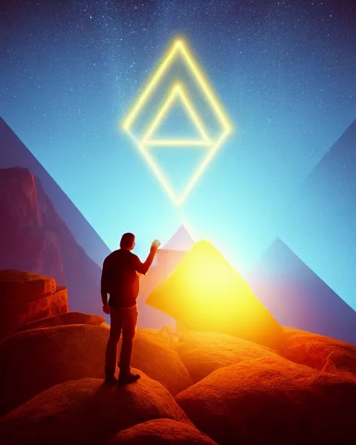 Image similar to a man standing in the middle of a mountain with a glowy triangle, a render by filip hodas, behance contest winner, environmental art, rendered in cinema 4 d, volumetric lighting