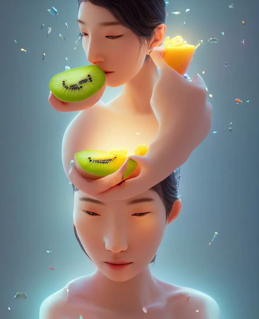 Image similar to goddess close - up yougurt girl, mango fruit, kiwi fruit, mango fruit bioluminiscent, intricate artwork by tooth wu and wlop and beeple. octane render, trending on artstation, greg rutkowski very coherent symmetrical artwork. cinematic, hyper realism, high detail, elegant, octane render, 8 k