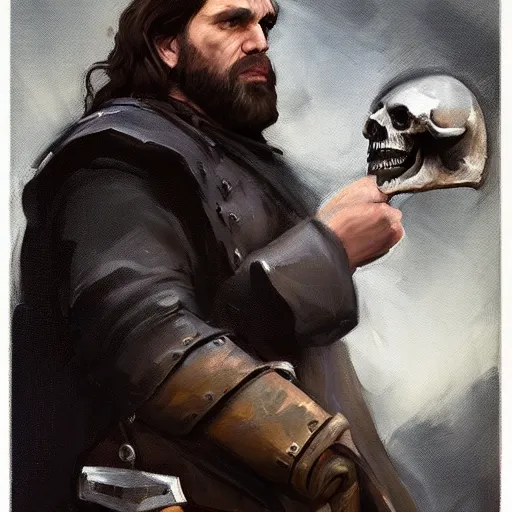 Image similar to greg manchess portrait painting of the hound from game of thrones holding a skull as overwatch character, medium shot, asymmetrical, profile picture, organic painting, foggy day, matte painting, bold shapes, hard edges, street art, trending on artstation, by huang guangjian and gil elvgren and sachin teng