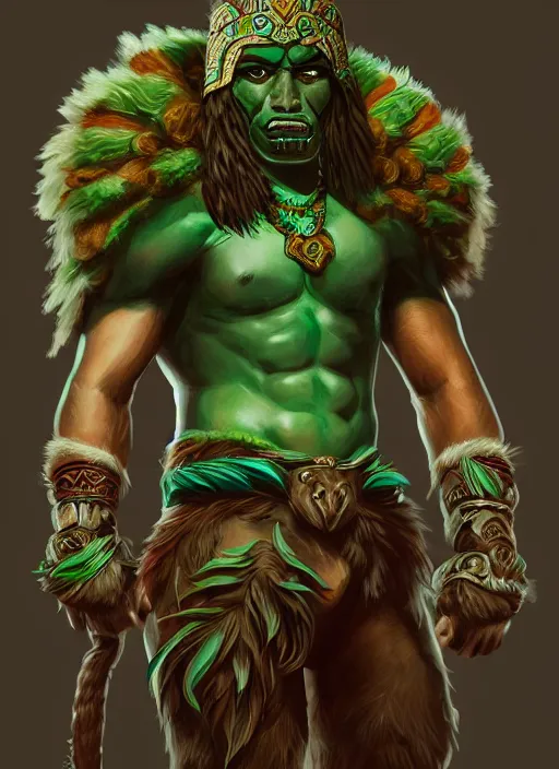 Prompt: a highly detailed illustration of fierce young aztec boy wearing green mane, heroic roaring wielding aztec club pose, muscular, intricate, elegant, highly detailed, centered, digital painting, artstation, concept art, smooth, sharp focus, league of legends concept art, wlop