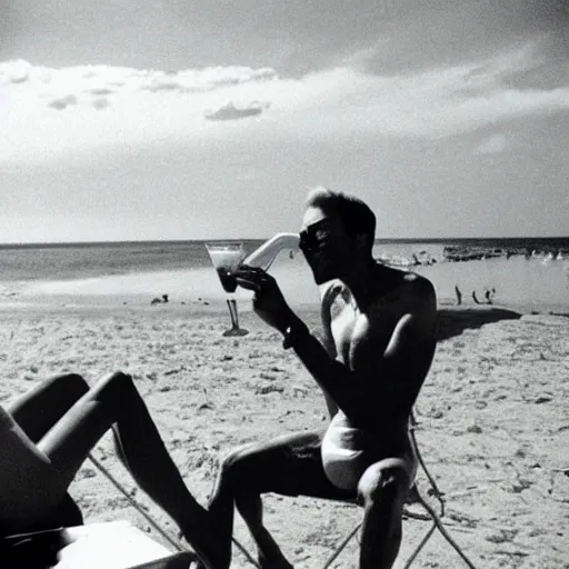 Image similar to photograph of an alien drinking martini on the beach, life magazine, 8 0 s