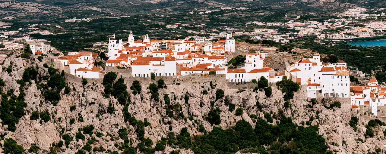 Image similar to 35mm photo of the Spanish castle of Salobrena on the top of a large rocky hill overlooking a white Mediterranean town, white buildings with red roofs, ocean and sky by June Sun