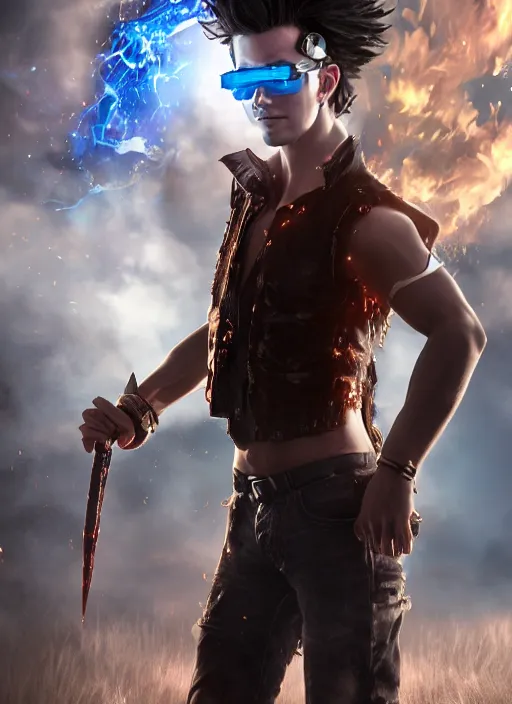 Image similar to An epic fantasy comic book style portrait painting of young man with long red spiked hair. Wearing a black waistcoat, white shirt, using googles. Blasting fire on his hands. Unreal 5, DAZ, hyperrealistic, octane render, cosplay, RPG portrait, dynamic lighting