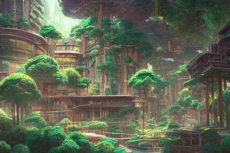 Image similar to solarpunk kowloont by frank lloyd wright, still from studio ghibli anime movie, cyberpunk tree house, digital art, artgerm, trending on artstation