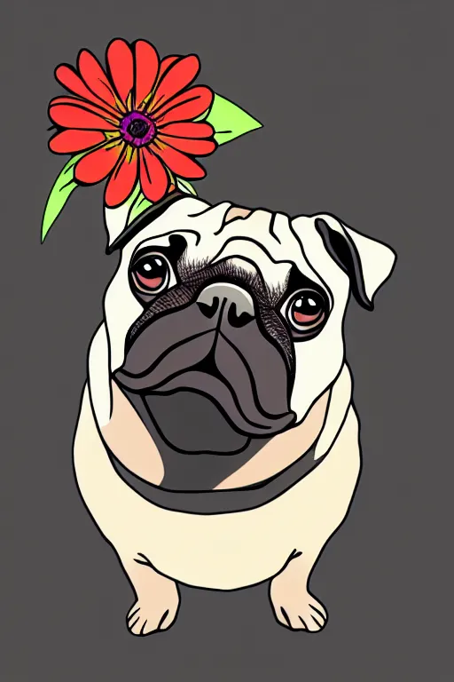 Prompt: pug eating flower. art by samantha mash, sticker, colorful, illustration, highly detailed, simple, smooth and clean vector curves, no jagged lines, vector art, smooth