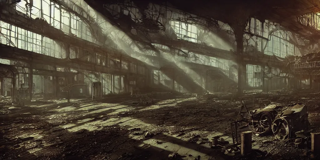 Prompt: fallout 5, indoors dilapidated partially ruined factory interior, rusted machinery, atmospheric lighting, painted, intricate, volumetric lighting, beautiful, daytime, sunny weather, slight overcast, golden hour, sharp focus, deep colours, ultra detailed, by leesha hannigan, ross tran, thierry doizon, kai carpenter, ignacio fernandez rios