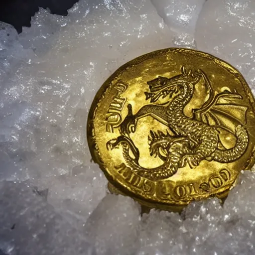 Prompt: an ice dragon sitting on a pile of gold coins in an ice cave