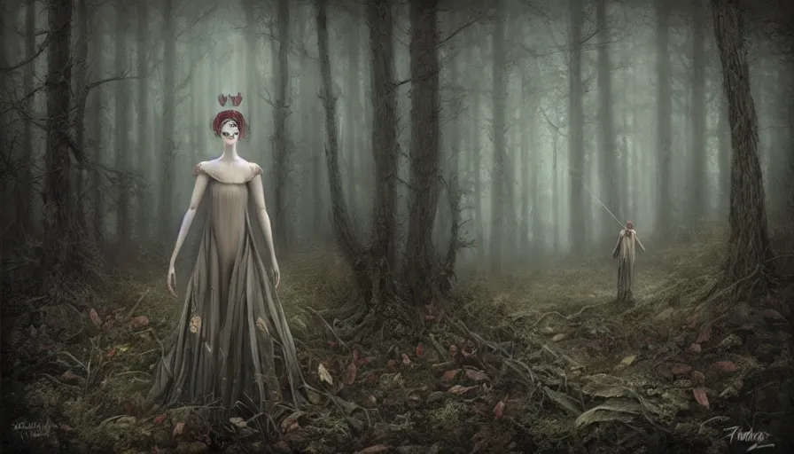 Prompt: a single lonely scared dollpunk female hiding in a eerie foggy forest, detailed, omnious atmosphere, symmetry body features, award winning, by Tom Bagshaw