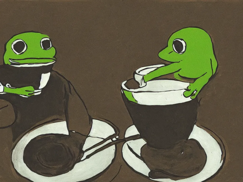 Prompt: portrait of a pepe! the frog! drinking coffee in the style of tarkovsky, old photo