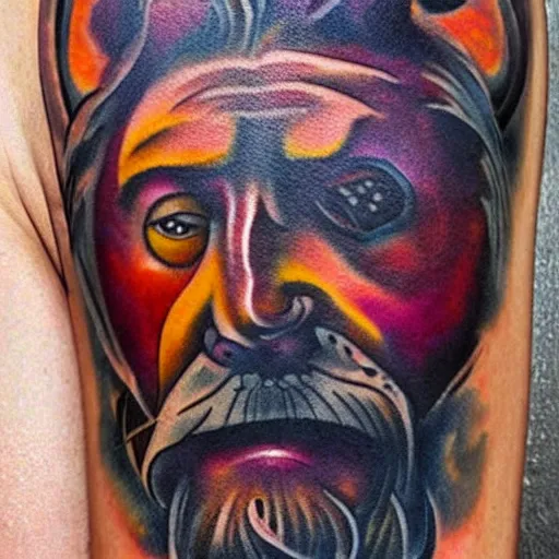 Image similar to tattoo style of a man with a bear's head, color restoration, watercolor, high quality ink, reds and purples, browns and earth colors