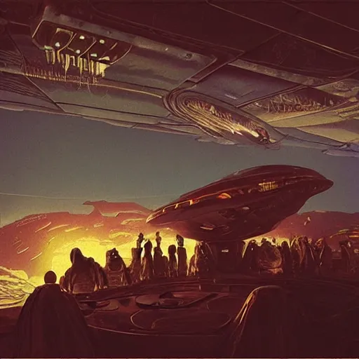 Prompt: scene from prometheus movie, simon stalenhag artlilery spaceship lands in country tavern, filigree ornaments, volumetric lights, syd mead, beksinski