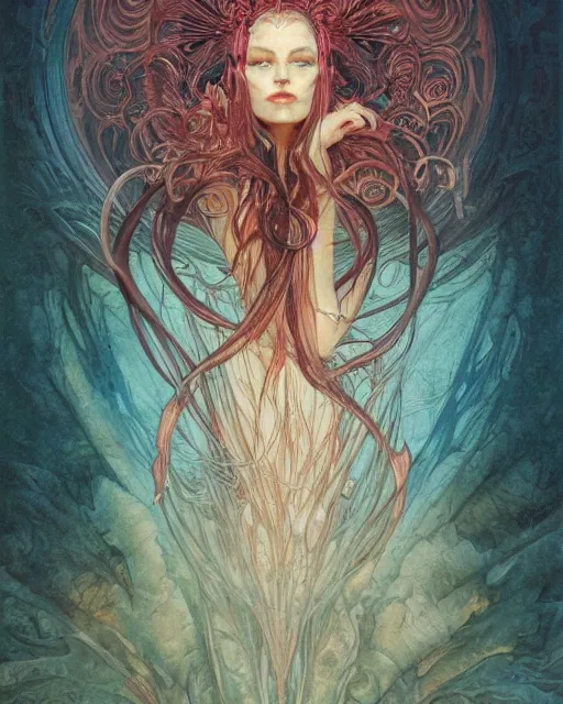 Prompt: centered portrait of a angry rotten beautiful female growing ornamentation all around, ornate, ornaments, detailed, symmetrical, end of the world, elegant, beautifully soft lit, by wayne barlowe, peter mohrbacher, kelly mckernan, alphonse mucha