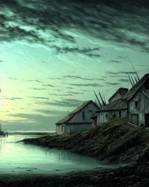 Image similar to a beautiful photorealistic illustration of nature abandoned fishing village by caspar david friedrich, extraterrestial nature at night neon noir neon signs water cloudy studio ghibli hyperrealism, archdaily, wallpaper, highly detailed, trending on artstation.