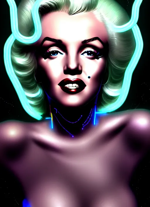 Prompt: portrait of marilyn monroe cyber humanoid, intricate, elegant, cyber neon lights, highly detailed, digital painting, artstation, glamor pose, concept art, smooth, sharp focus, illustration, art by artgerm and greg rutkowski