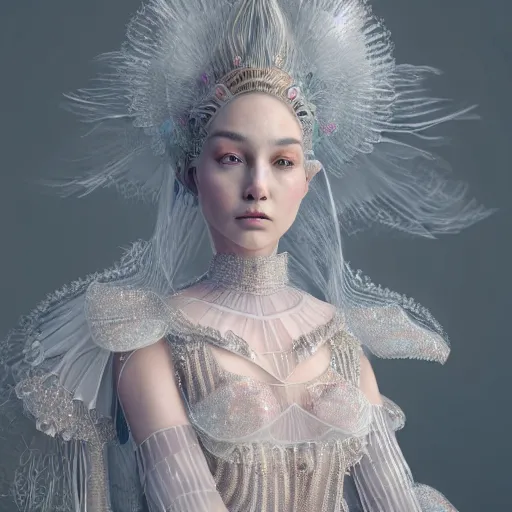 Image similar to a majestic woman wearing an intricate and detailed armor made of candy floss. layers. textures. delicate. elaborate. translucent. soft. ethereal. fragile. vulnerable. studio portrait. photorealistic. octane render