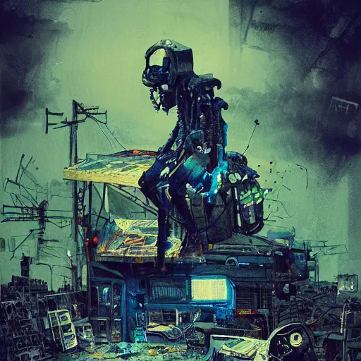 Image similar to An old punk sitting alone in a junkyard with his robot friend + black layered paper + end of the world theme + elements + dark blue and green tones + neon + baroque + rococco + white + ink + marc simonetti, craig mullins, peter mohrbacher, michael whelan, detailed, intricate ink illustration, cinematic, mucha