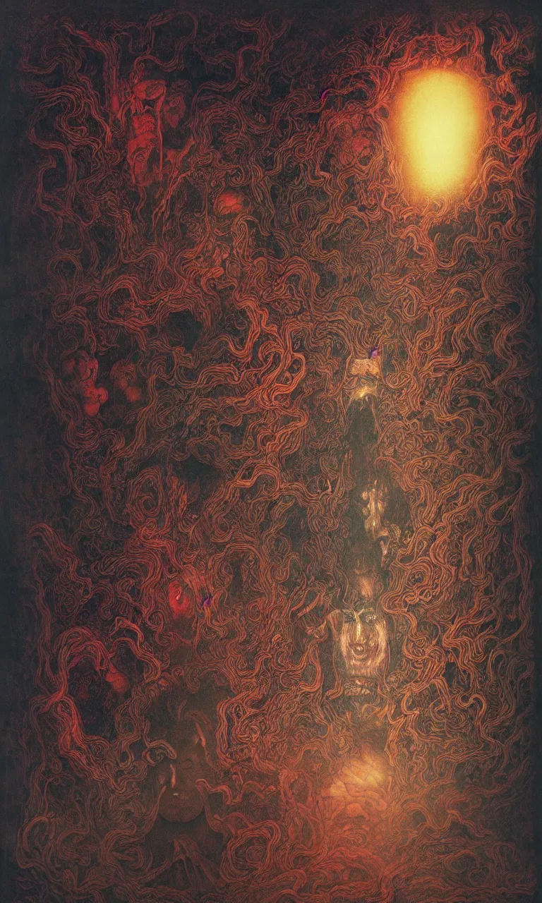 Image similar to zhongyuan festival, chinese ghost festival, king of hell, inside page of comic book, psychedelic lights and fog, in the style of zdzislaw beksinski, ayami kojima, takato yamamoto, barclay shaw, karol bak, glowing light and shadow, hyperrealist