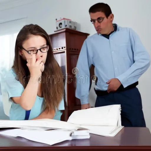 Prompt: math teacher breaks into house, forces student to do homework at gunpoint, stock photo