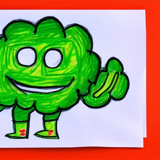 Prompt: a children's drawing of a smiling happy broccoli, he is dancing, vivid bright colors, color pencils are scattered around on the paper