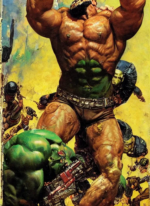 Image similar to full body and head portrait of huge mutant iranian hulk in tattered leather armour, dynamic action, painted by norman rockwell and phil hale and greg staples and tom lovell and frank schoonover and jack kirby